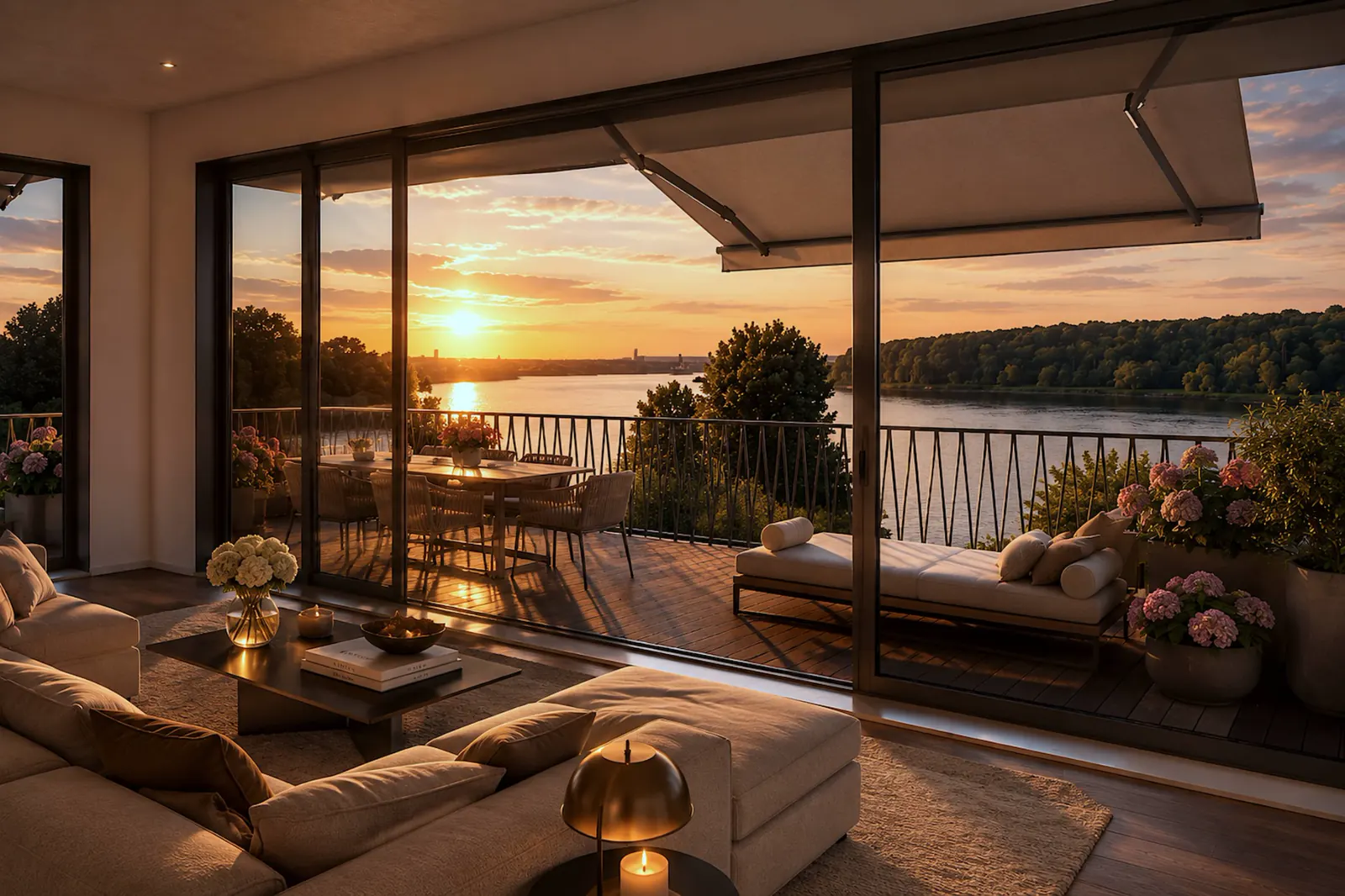Wohnqualität im Projekt K680 – heller Wohnraum mit geschützter Terrasse und Rheinblick