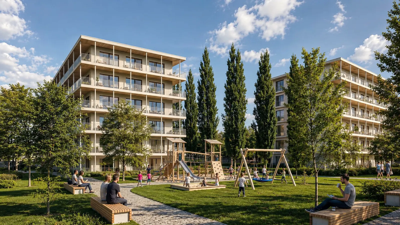 Freiraum im Projekt K680 – Spielplatz, Bänke und Grünflächen zwischen den Häusern