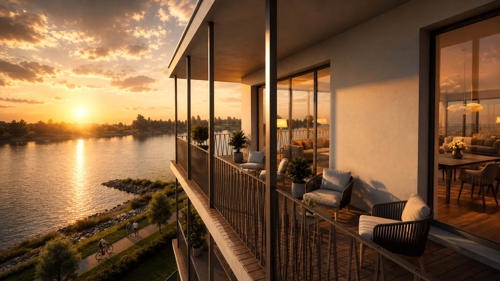 Wohnqualität – Helle Räume, geschützte Ausblicke. Balkon- und Rheinblick im Projekt K680